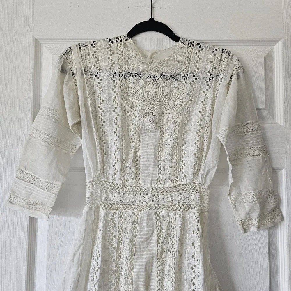 1900s Antique Edwardian White Summer Garden Lawn Dress Lace Linen Tea Gown #68 - Picture 2 of 14